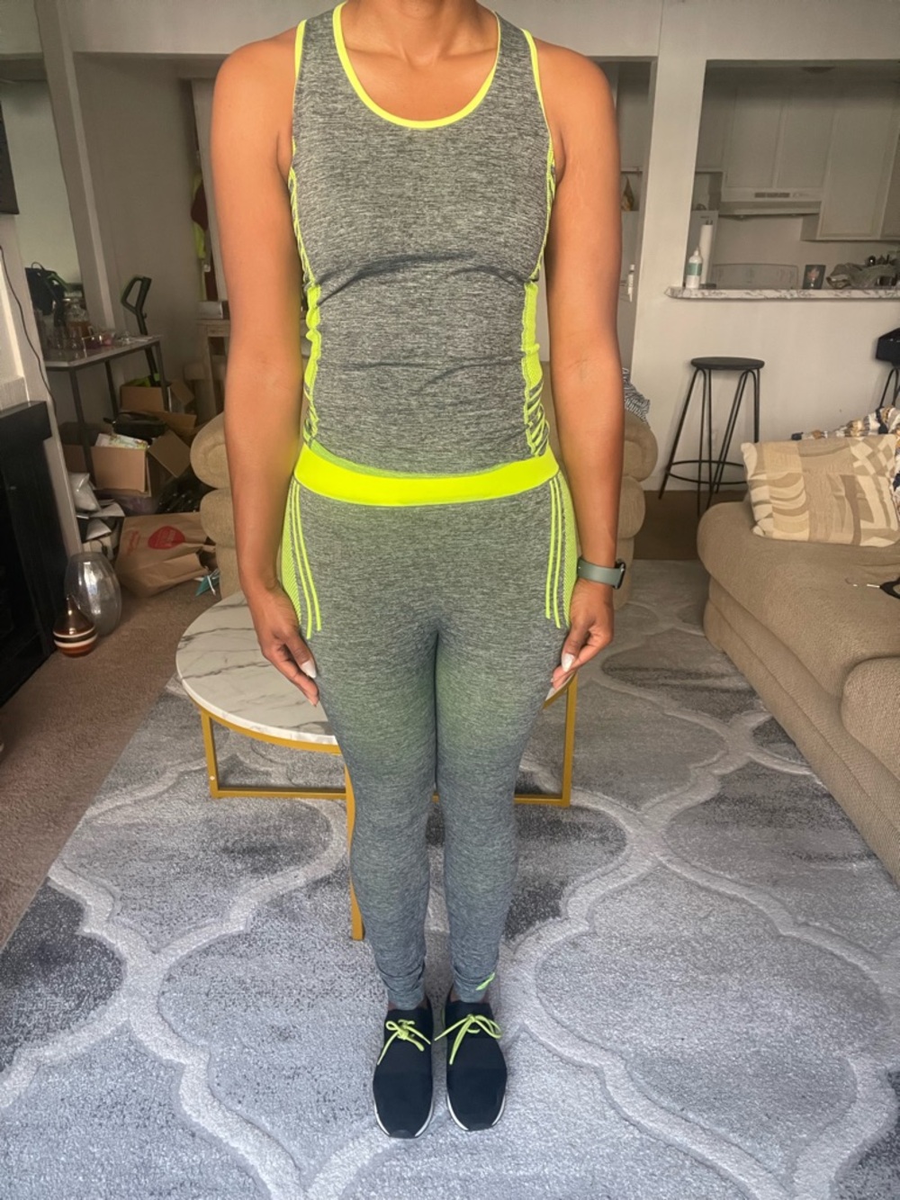 Gray & Neon Yellow Workout Set Tank + Leggings Mesh Detail One
